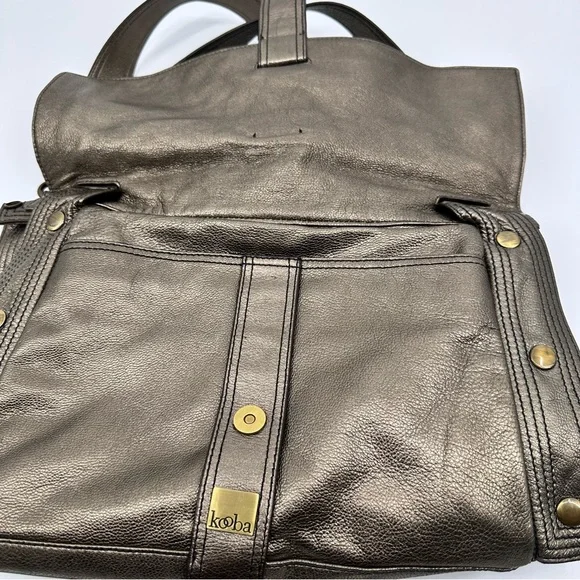 Kooba Leather Expandable Shoulder Handbag Tote Metallic Pewter - Picture 8 of 8